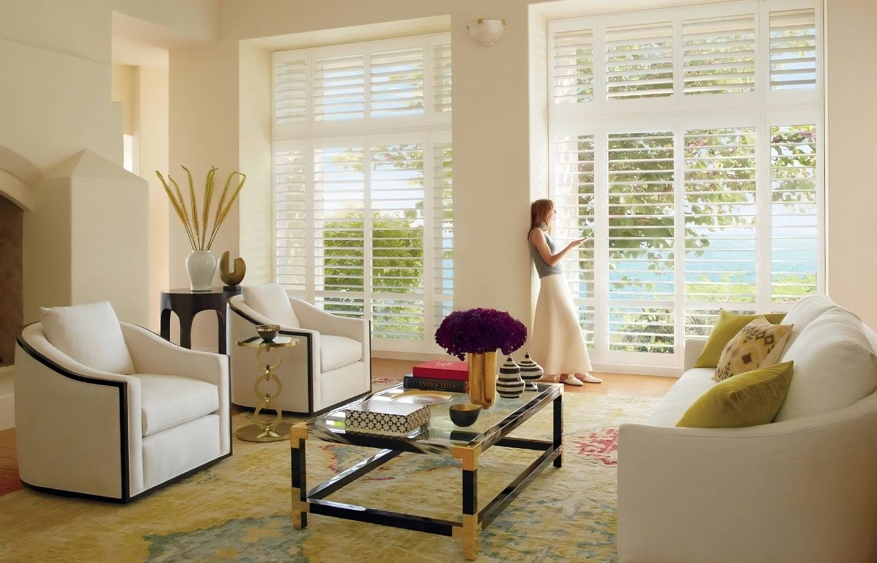 Hunter Douglas Palm Beach™ Polysatin™ Shutters blocking heat and filtering sunlight in a Georgia home near Alpharetta, GA