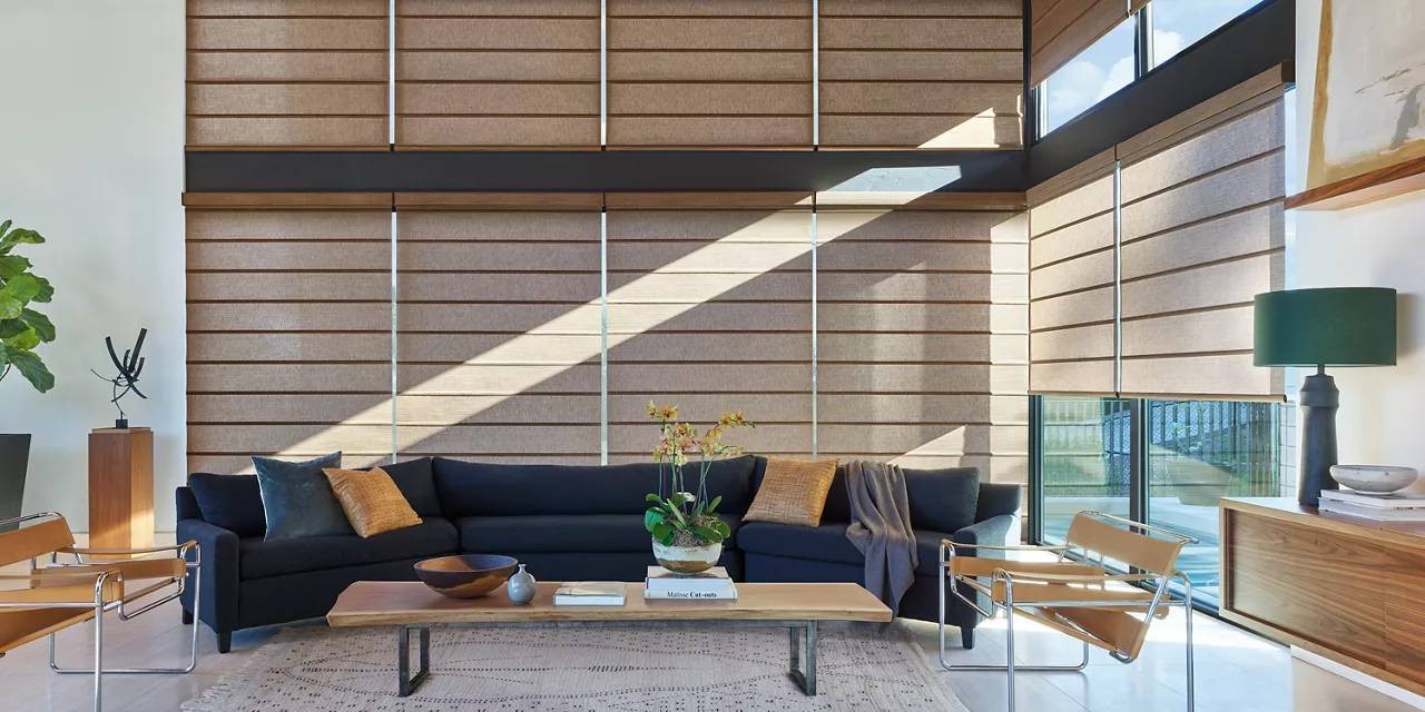 Alustra® Architectural Roller Shades in a modern living room near Alpharetta, GA